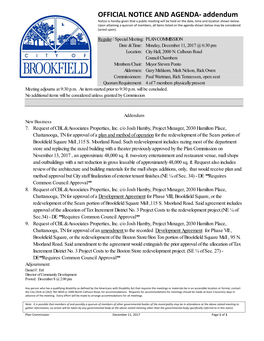 OFFICIAL NOTICE and AGENDA- Addendum Notice Is Hereby Given That a Public Meeting Will Be Held on the Date, Time and Location Shown Below