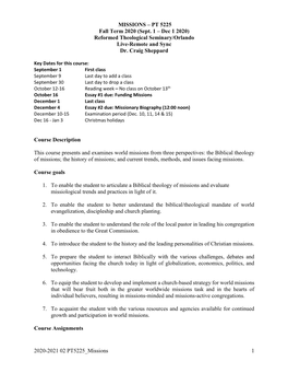 2020-2021 02 PT5225 Missions 1 MISSIONS – PT 5225 Fall Term 2020 (Sept. 1 – Dec 1 2020) Reformed Theological Seminary/Orland