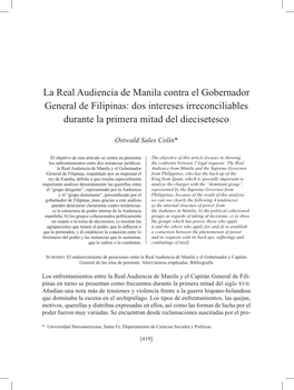 La Real Audiencia De Manila Contra El Gobernador General De Filipinas: Dos Intereses Irreconciliables Durante La Primera Mitad Del Diecisetesco