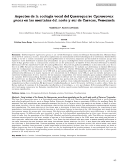 Aspectos De La Ecología Vocal Del Querrequerre Cyanocorax Yncas En Las Montañas Del Norte Y Sur De Caracas, Venezuela