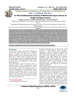 Tragia Brevipes Leaves 1* 2 3 Anthoney Swamyt , Mutuku Chrispus Ngule and Jackie Obey K 1*&2 Department of Chemistry, University of Eastern Africa Baraton, P.O