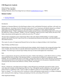 Hindu Holidays: Fact Sheet October 31, 2017 (R45001) Sundeep Mahendra, Senior Knowledge Services Librarian (Smahendra@Crs.Loc.Gov, 7-9007)