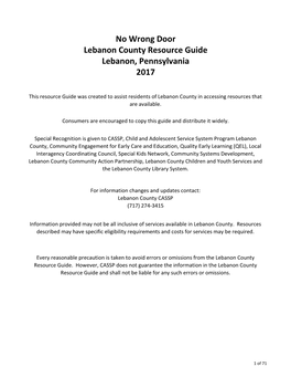 No Wrong Door Lebanon County Resource Guide Lebanon, Pennsylvania 2017