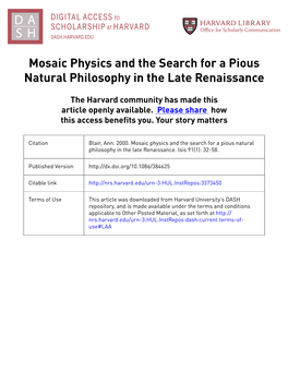 Mosaic Physics and the Search for a Pious Natural Philosophy in the Late Renaissance