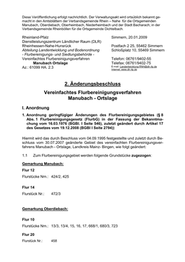 2. Änderungsbeschluss Vereinfachtes Flurbereinigungsverfahren Manubach - Ortslage