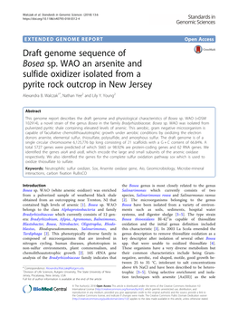 Draft Genome Sequence of Bosea Sp. WAO an Arsenite and Sulfide Oxidizer Isolated from a Pyrite Rock Outcrop in New Jersey Alexandra B