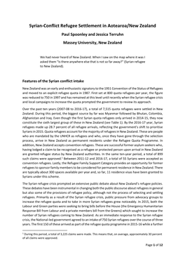 Syrian-Conflict Refugee Settlement in Aotearoa/New Zealand Paul Spoonley and Jessica Terruhn Massey University, New Zealand