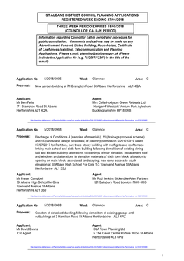 St Albans District Council Planning Applications Registered Week Ending 27/04/2018 Three Week Period Expires 18/05/2018