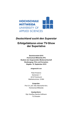 Deutschland Sucht Den Superstar Erfolgsfaktoren Einer TV-Show Der Superlative“ Eigenständig Und Ohne Fremde Hilfe Angefertigt Zu Haben