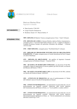 CURRICULUM VITAE Città Di Ozieri Dott.Ssa Marina Piras