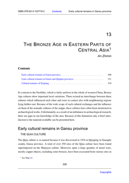 THE BRONZE AGE in EASTERN PARTS of CENTRAL ASIA Early