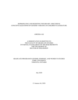 Reproducing and Resisting the Binary: Discursive Conceptualizations of Gender Variance in Children’S Literature