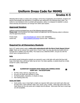 Uniform Dress Code for MHMS Grades K-5