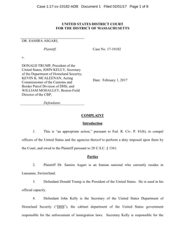 UNITED STATES DISTRICT COURT for the DISTRICT of MASSACHUSETTS DR. SAMIRA ASGARI, Plaintiff, Case No. 17-10182 V. DONALD TRUMP