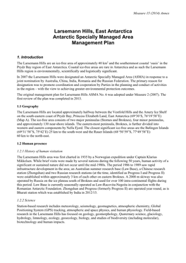 Larsemann Hills, East Antarctica Antarctic Specially Managed Area Management Plan