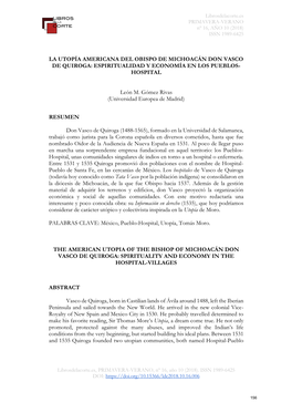 La Utopía Americana Del Obispo De Michoacán Don Vasco De Quiroga: Espiritualidad Y Economía En Los Pueblos- Hospital