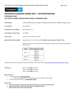 Advanced Placement Exams 2021 – Late Registration Hyderabad, India Test Center: Chirec International School, Hyderabad, India