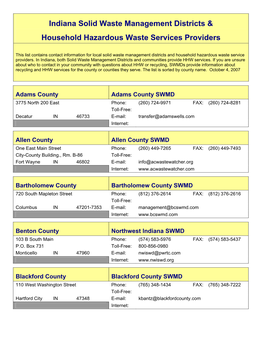 Indiana Solid Waste Management Districts and Service Providers