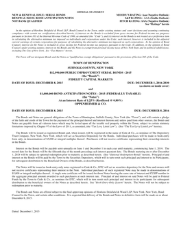 2015 (The “Bonds”) FIDELITY CAPITAL MARKETS DATE of ISSUE: DECEMBER 8, 2015 DUE: DECEMBER 1, 2016-2030 (As Shown on Inside Cover) And