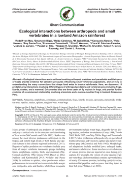 Ecological Interactions Between Arthropods and Small Vertebrates in a Lowland Amazon Rainforest 1Rudolf Von May, 2Emanuele Biggi, 3Heidy Cárdenas, 4M