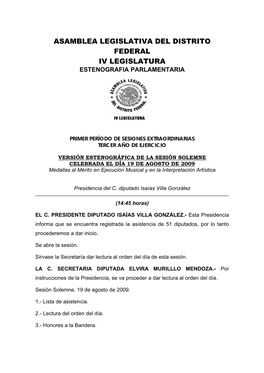 Asamblea Legislativa Del Distrito Federal Iv Legislatura Estenografia Parlamentaria