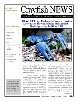 CRAYNET Brings Findings on European Crayfish Diversity and Knowledge-Based Management of Inside This Issue: Native Species to the Wider Public