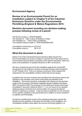 Total Lindsey Oil Refinery Limited the Installation Is: Total Lindsey Oil Refinery This Variation Notice Number Is: EPR/TP3633NH/V004