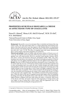 Properties of Buffalo Mozzarella Cheese As Affected by Type of Coagulante