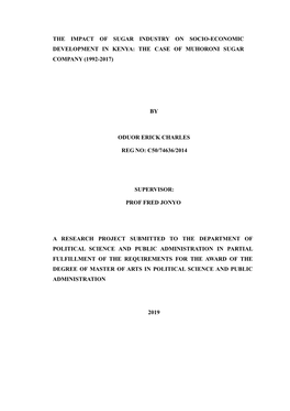 The Impact of Sugar Industry on Socio-Economic Development in Kenya: the Case of Muhoroni Sugar Company (1992-2017)