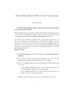 Atomic Terms,Hund's Rules, Atomic Spectroscopy