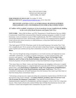 THE CITY of NEW YORK OFFICE of the MAYOR NEW YORK, NY 10007 for IMMEDIATE RELEASE: November 25, 2020 MEDIA CONTACT: Pressoff