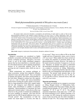 Metal Phytoremediation Potential of Rhizophora Mucronata (Lam.)