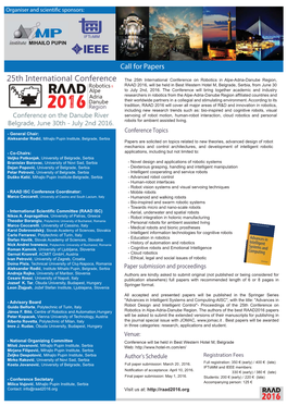 RAAD 2016, Will Be Held in Best Western Hotel M, Belgrade, Serbia, from June 30 Robotics in RA to July 2Nd, 2016