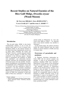 Recent Studies on Natural Enemies of the Rice Gall Midge, Orseolia Oryzae (Wood-Mason)