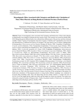 Mesostigmatic Mites Associated with Coleoptera and Biodiversity Calculation of These Mites Phoretic on Dung Beetles in Golestan Province (North of Iran)