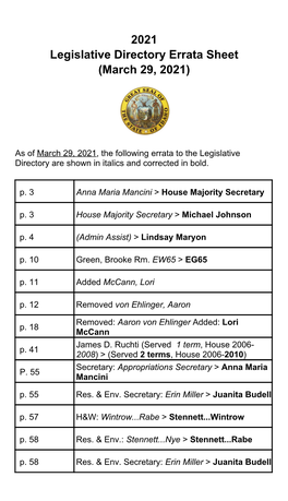 2021 Legislative Directory Errata Sheet (March 29, 2021)