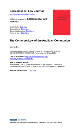 Ecclesiastical Law Journal the Commom Law of the Anglican