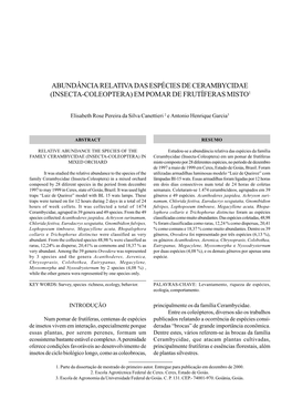 Abundância Relativa Das Espécies De Cerambycidae (Insecta-Coleoptera) Em Pomar De Frutíferas Misto1