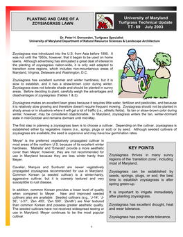 PLANTING and CARE of a ZOYSIAGRASS LAWN Turfgrass Technical Update