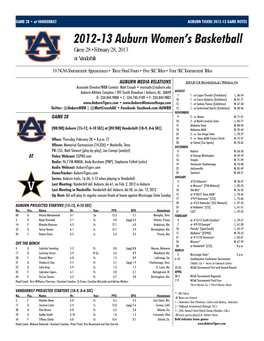 2012-13 Auburn Women's Basketball AUBURN TIGERS 2012-13 GAME NOTES Auburn Combined Team Statistics (As of Feb 26, 2013) 2012-13Away Road Games Statistics