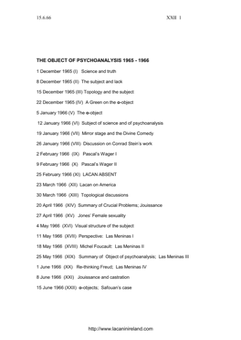 The Object of Psychoanalysis 1965 - 1966