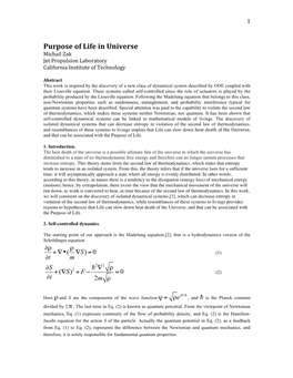 Purpose of Life in Universe Michail Zak Jet Propulsion Laboratory California Institute of Technology