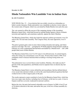 Hindu Ationalists Win Landslide Vote in Indian State