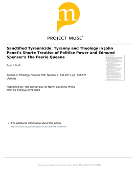 Sanctified Tyrannicide: Tyranny and Theology in John Ponet’S Shorte Treatise of Politike Power and Edmund Spenser’S the Faerie Queene