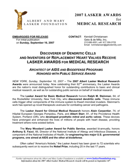 LASKER AWARDS for MEDICAL RESEARCH