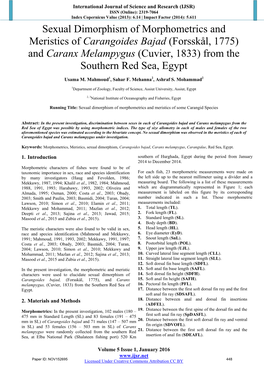 Sexual Dimorphism of Morphometrics and Meristics of Carangoides Bajad (Forsskål, 1775) and Caranx Melampygus (Cuvier, 1833) from the Southern Red Sea, Egypt