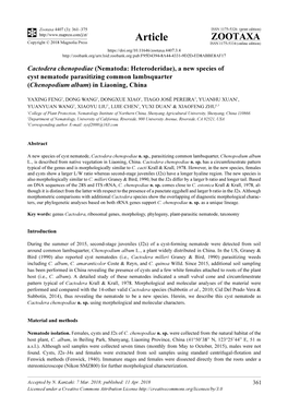 Cactodera Chenopodiae (Nematoda: Heteroderidae), a New Species of Cyst Nematode Parasitizing Common Lambsquarter (Chenopodium Album) in Liaoning, China