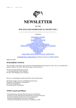 New Zealand Mathematical Society Newsletter Number 82, August