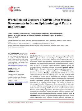 Work Related Clusters of COVID-19 in Muscat Governorate in Oman: Epidemiology & Future Implications