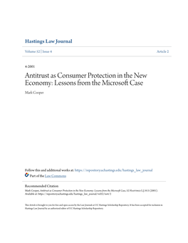 Antitrust As Consumer Protection in the New Economy: Lessons from the Microsoft Ac Se Mark Cooper